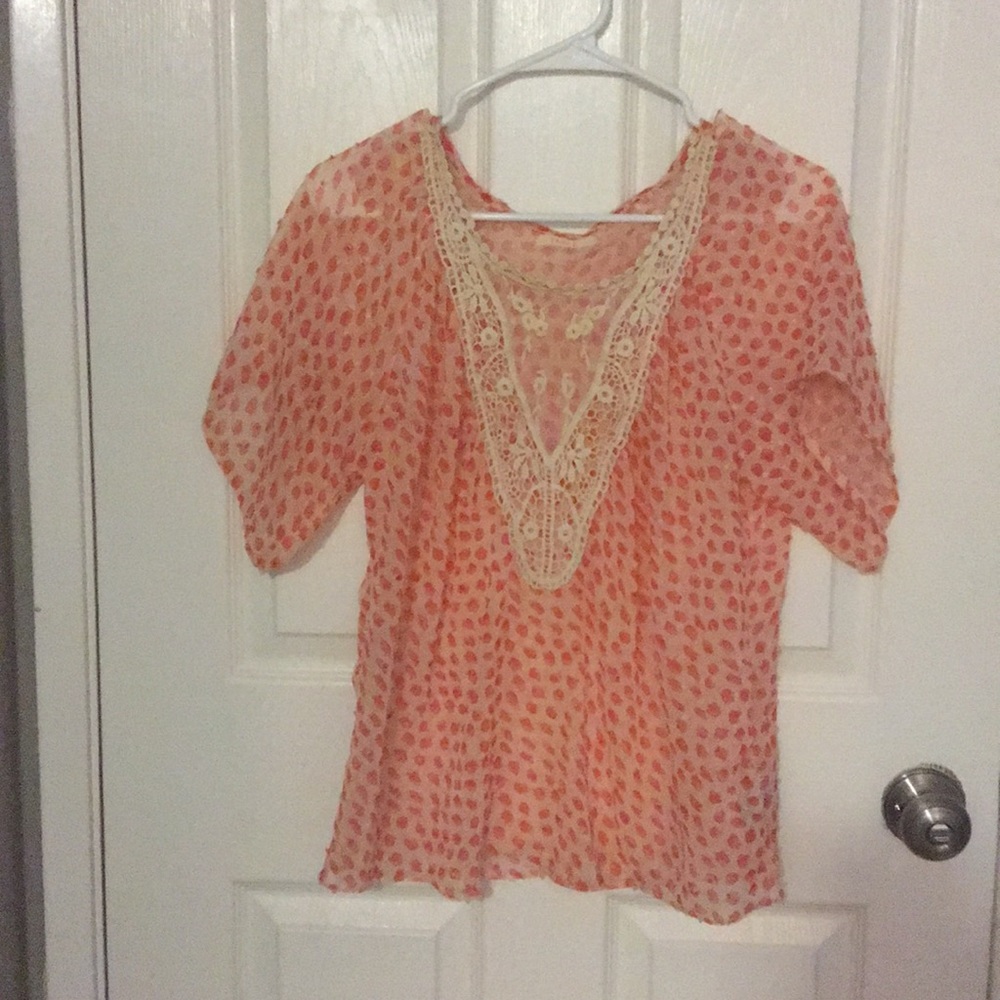Tulle Coral and Cream Lace Short-sleeve Blouse